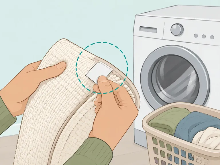 Hands checking a care label before washing a household item.