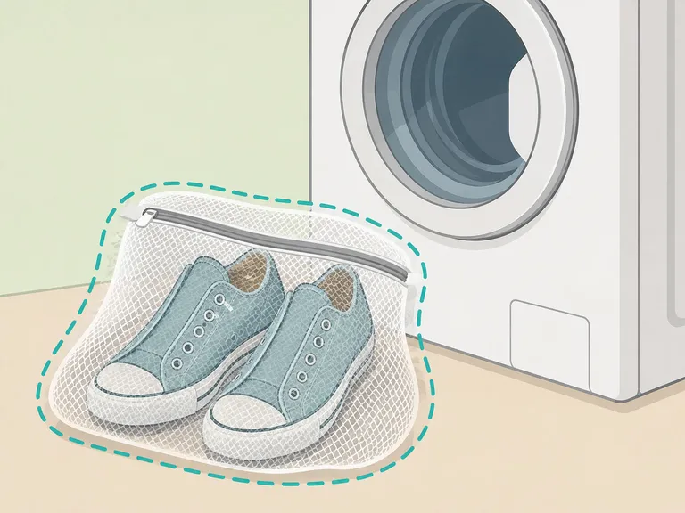 Sneakers placed in a mesh bag before machine washing.