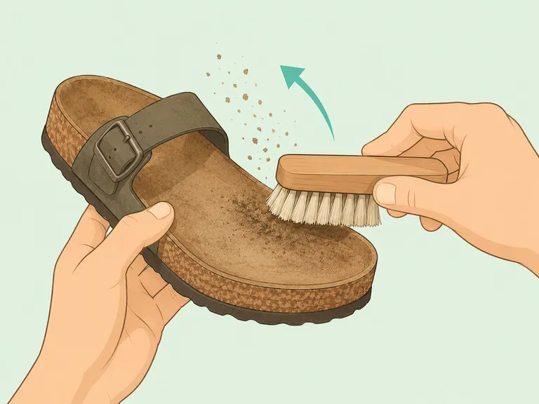 Hands brushing loose dirt from a cork sandal footbed.
