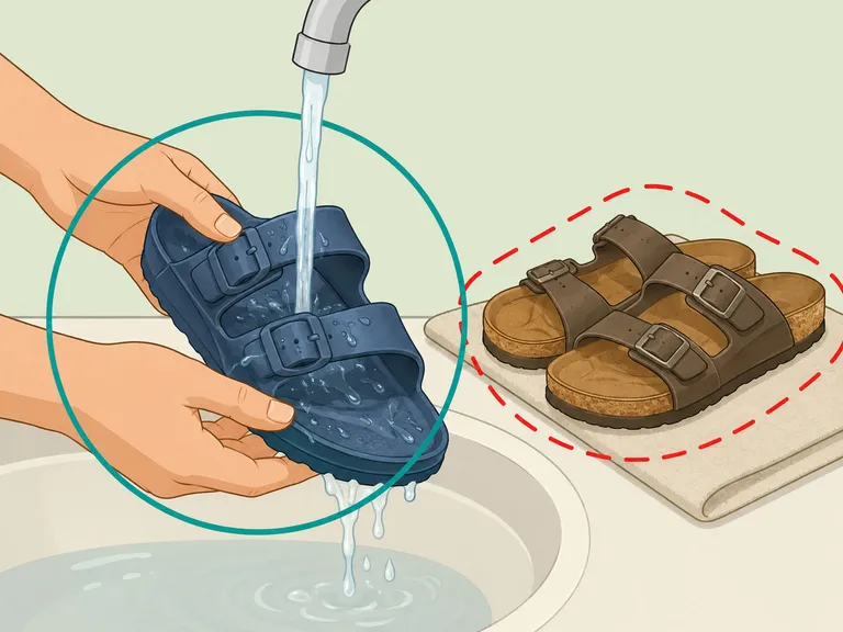 An EVA sandal rinsed while cork sandals are kept away from water.