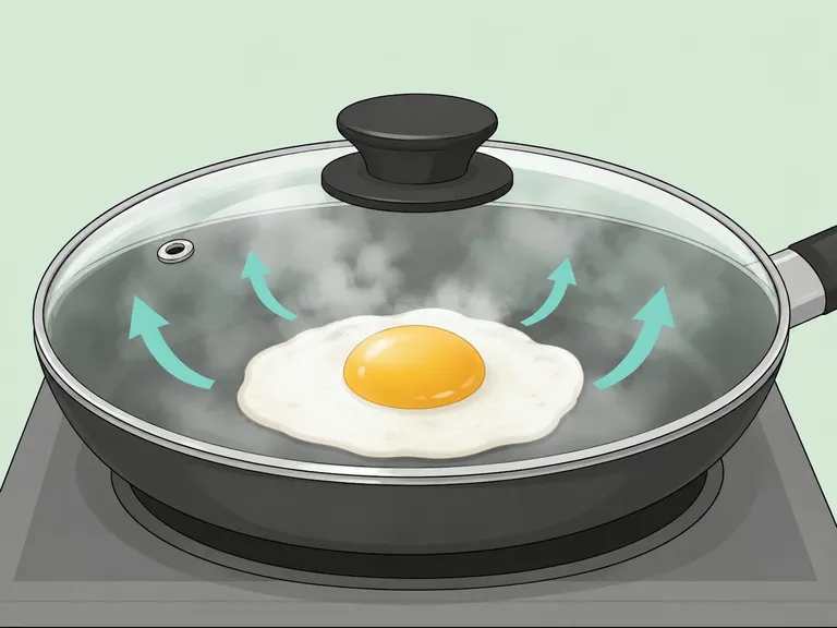 A covered skillet trapping steam to cook the egg.
