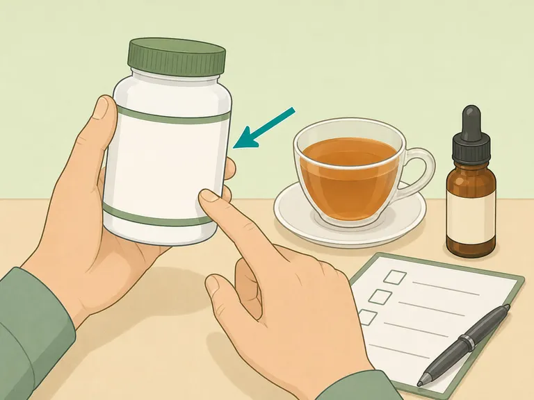 Hands checking the ingredient label and form of a supplement.