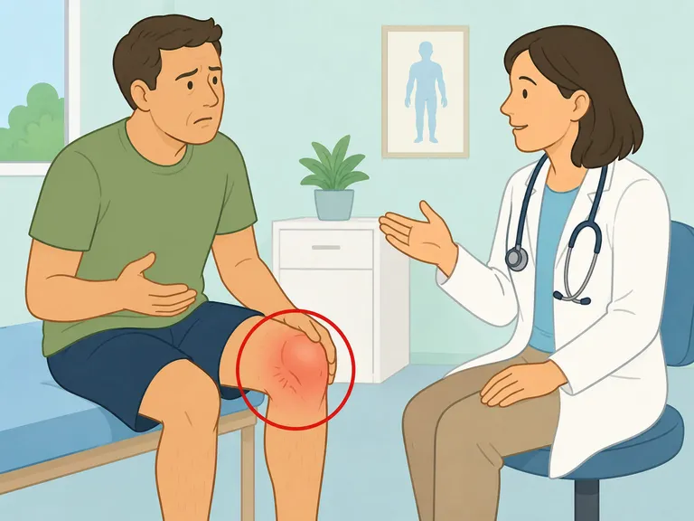 Person seeing a doctor for sudden severe swollen joint pain.