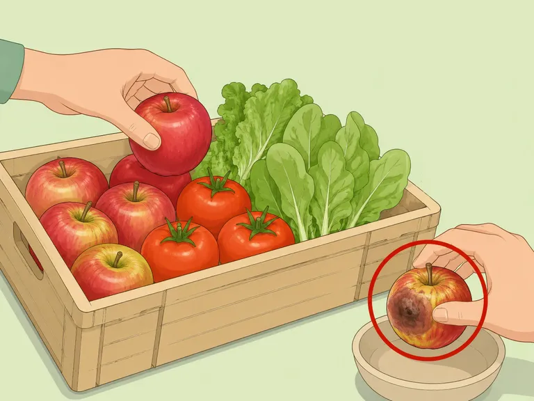 Hands inspecting a discount produce crate for spoiled items.