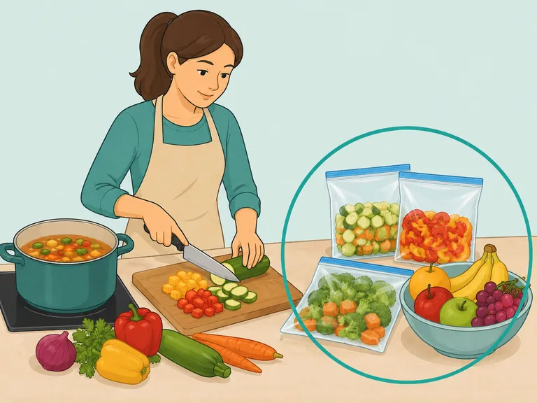 Person cooking and freezing surplus produce from a discount crate.