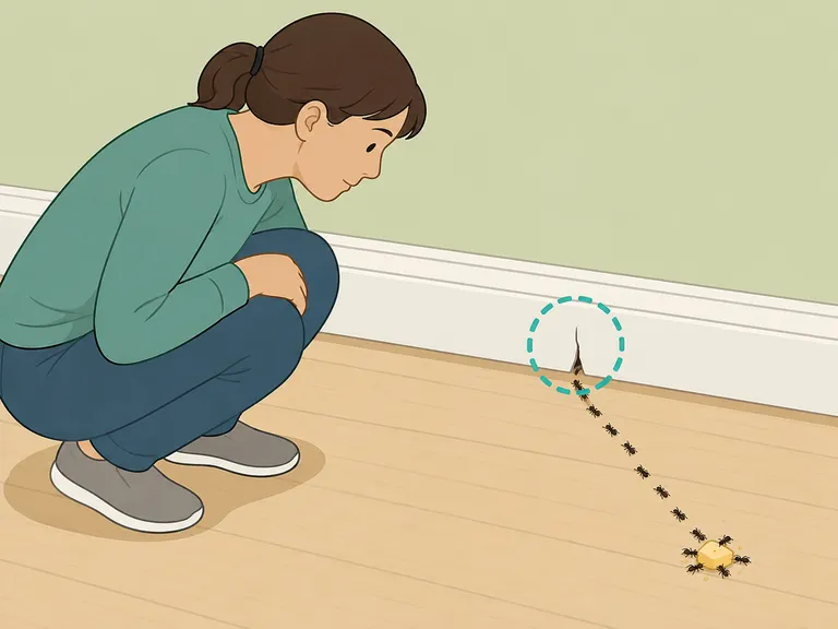 Person following an ant trail to find where ants enter the home.