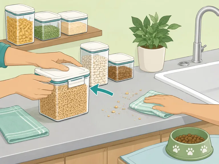 Hands sealing food containers and removing crumbs that attract ants.