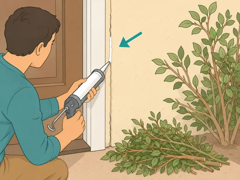 Person sealing a crack near a door to block ants.