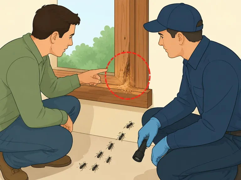 Homeowner pointing out possible carpenter ant signs to a pest professional.
