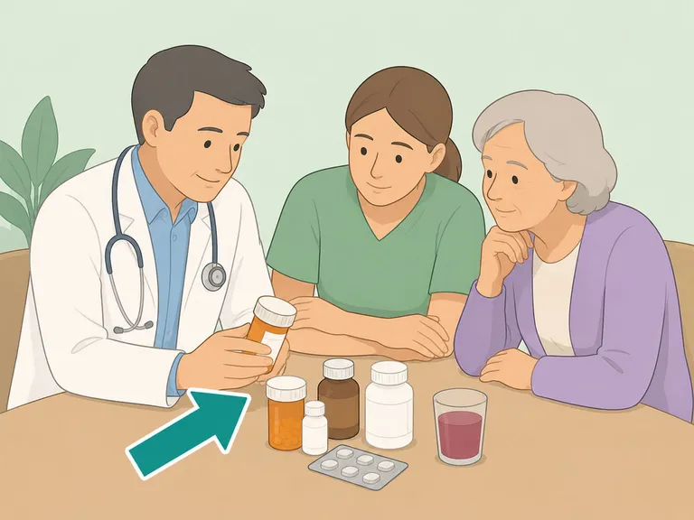 Doctor and caregiver reviewing medication safety with an older adult.