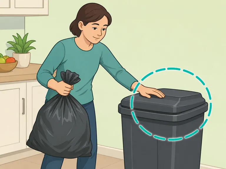 Person closing a kitchen trash can with a tightly tied bag inside.