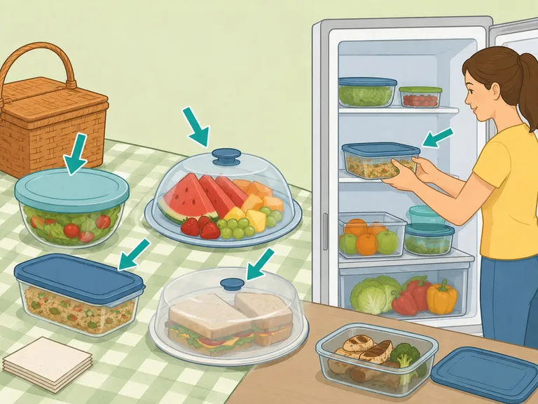 Food being covered and leftovers placed in the refrigerator to avoid attracting flies.