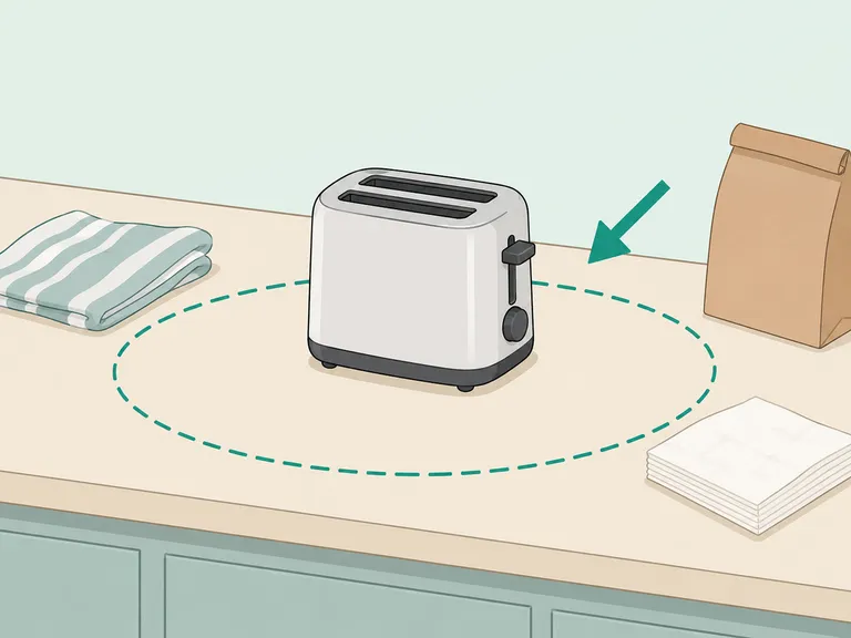 A toaster kept clear of towels and paper items.
