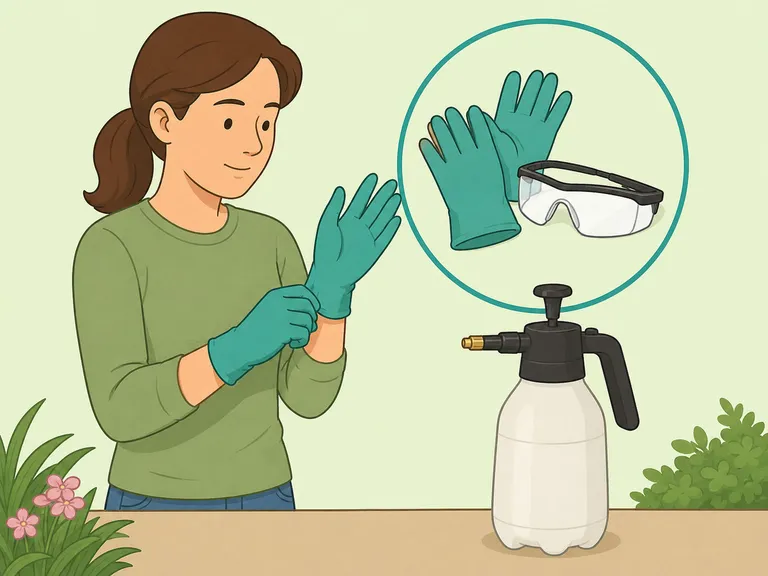 Gardener putting on gloves and eye protection before spraying weeds.