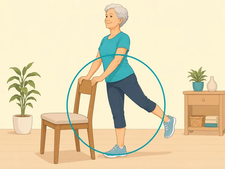 Older adult practicing strength and balance with a chair.