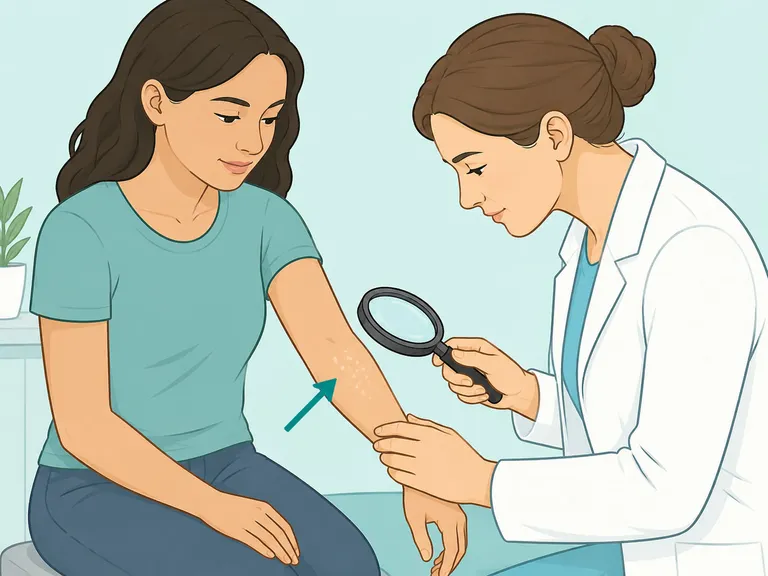 Dermatologist checking an unusual white spot on a forearm.