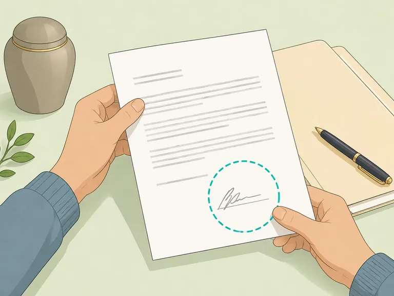 Hands checking cremation paperwork before signing.