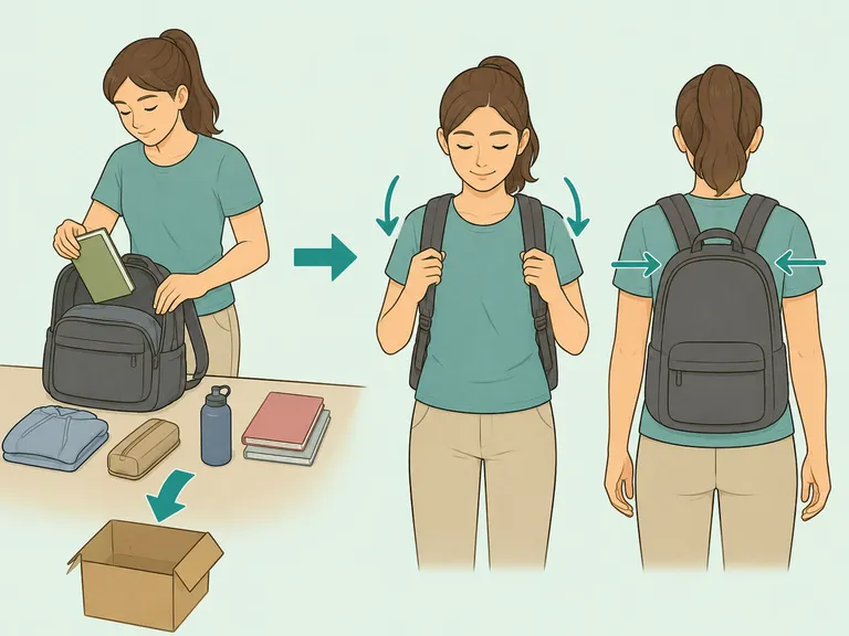 Person making a bag lighter and adjusting straps for comfort.