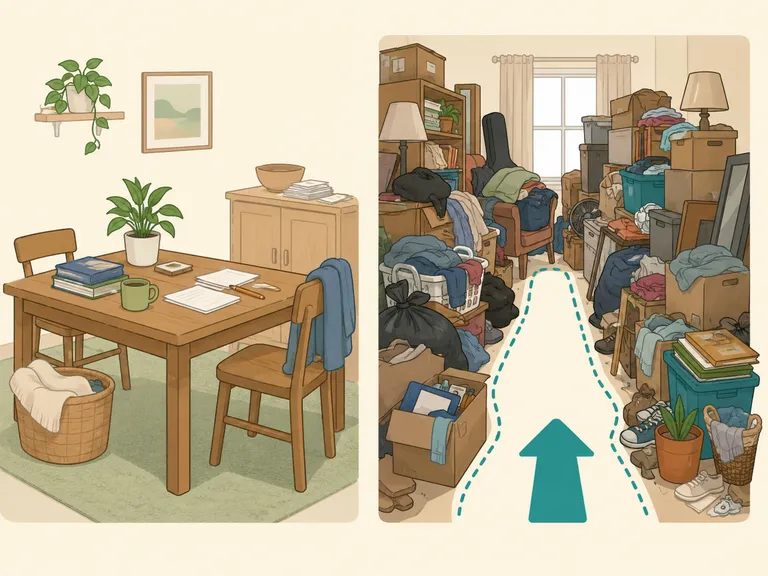 Comparison of ordinary clutter and severe clutter that blocks a room.
