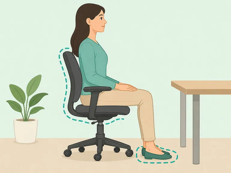 Woman checking chair comfort and seated posture.