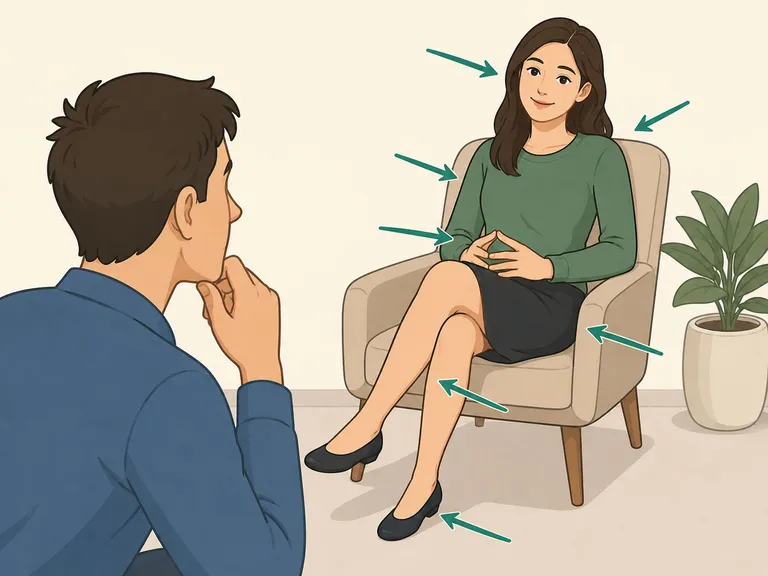 Person considering multiple body language cues instead of only crossed legs.