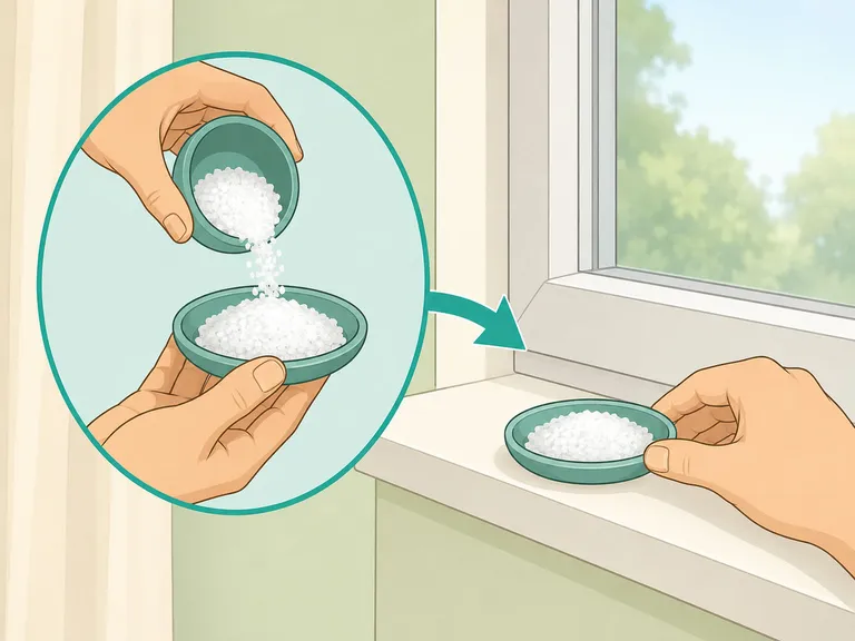 Hands putting coarse salt into a shallow dish for a windowsill.