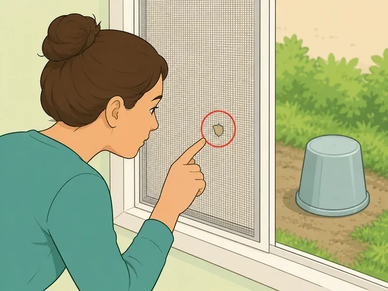 Person checking a window screen and removing water-holding items for mosquito prevention.