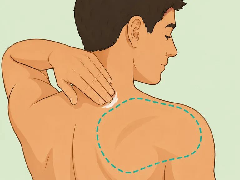 A person applying balm to a stiff shoulder and neck area.