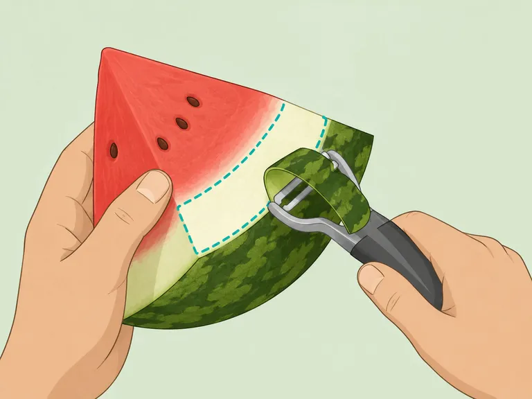 Peeling away the green watermelon skin to save the white rind.