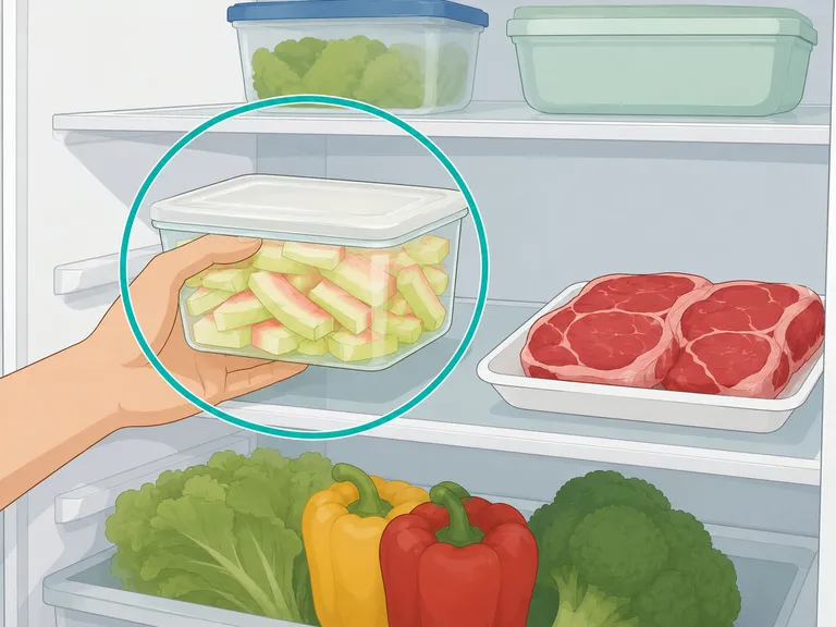 Cut watermelon rind stored in a covered container in the refrigerator.