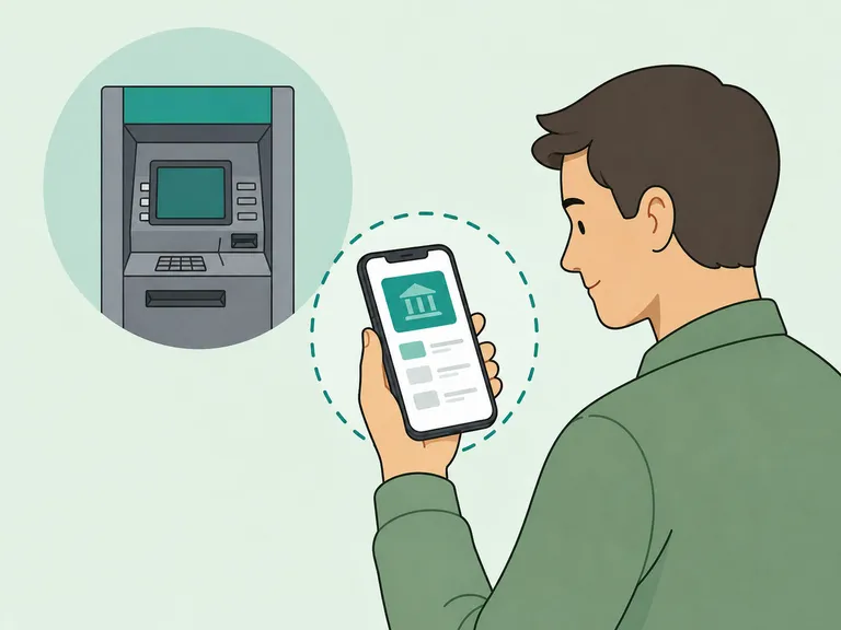 Person checking a bank app for cardless ATM access.